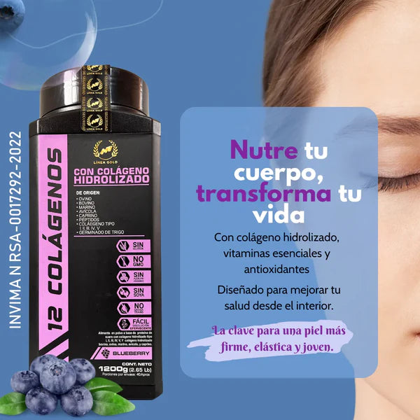 12 Colágenos Premium Ggp - ¡Rejuvenecimiento Total: Piel, Cabello, Uñas, Articulaciones y Huesos, en un Delicioso Sabor Blueberry!