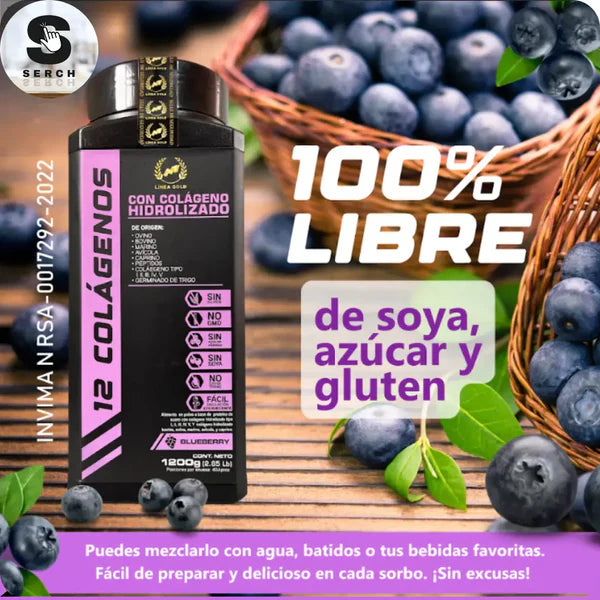 12 Colágenos Premium Ggp - ¡Rejuvenecimiento Total: Piel, Cabello, Uñas, Articulaciones y Huesos, en un Delicioso Sabor Blueberry!